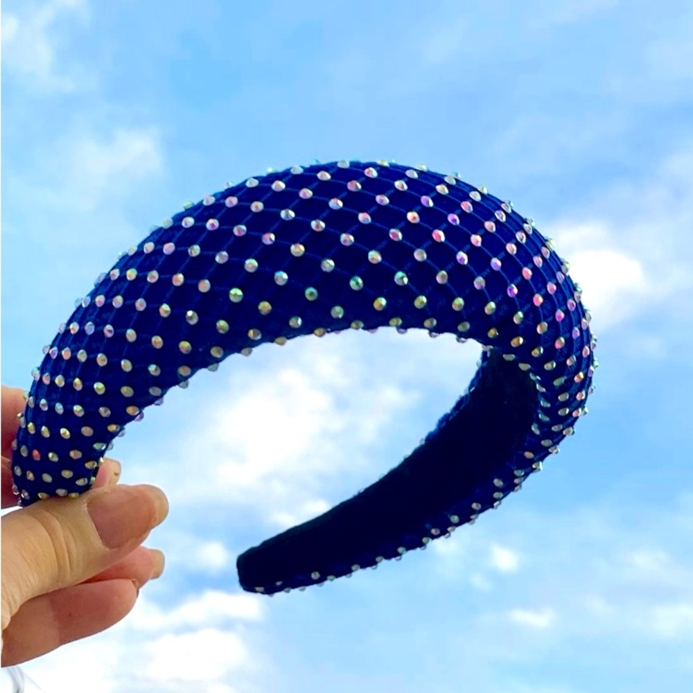 Blue Padded 1.5” Headband with Rhinestone-Adorned Mesh Overlay Handmade